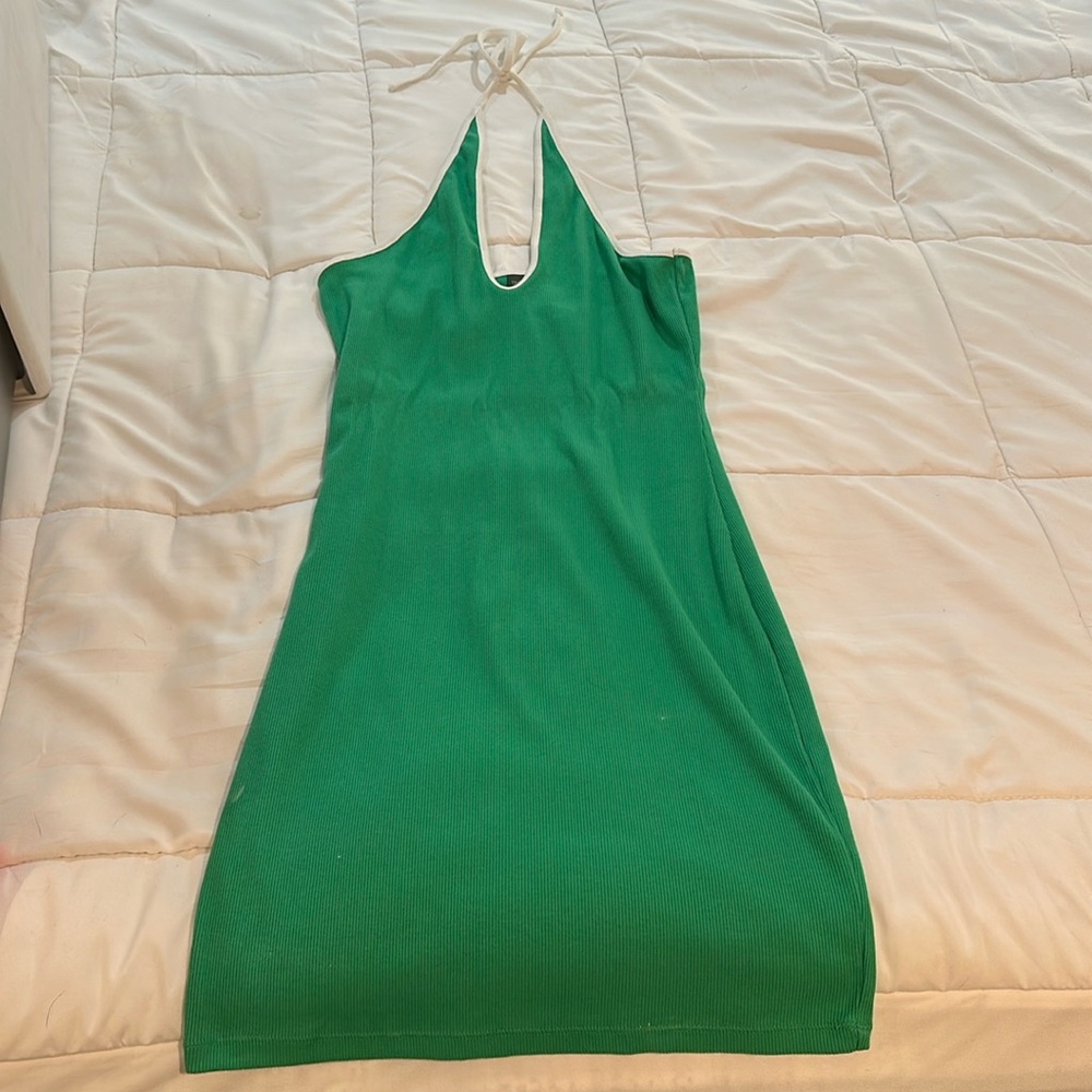 Green ribbed halter dress, white trim
